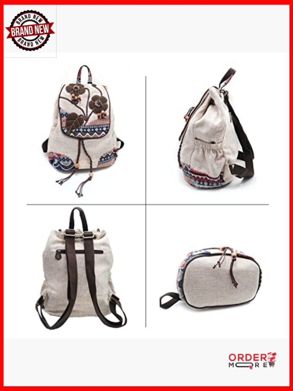 Vintage Bohemian Drawstring Canvas Backpack Purse Women's Hand-Embroidered - Picture 3 of 7